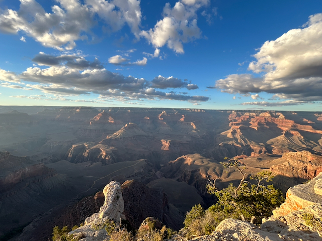 A wide view across the Grand Canyon in long evening light